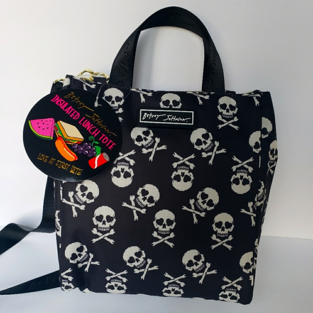 Betsey Johnson Halloween Skull and Crossbones Zip top lunch tote